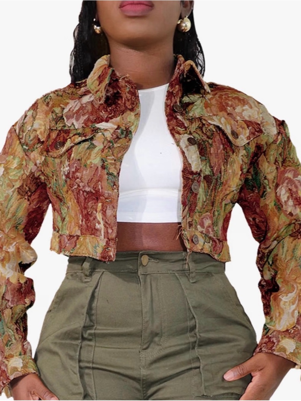 Amazon Cropped Floral Tapestry Jean Jacket - Green, Brown, Gold